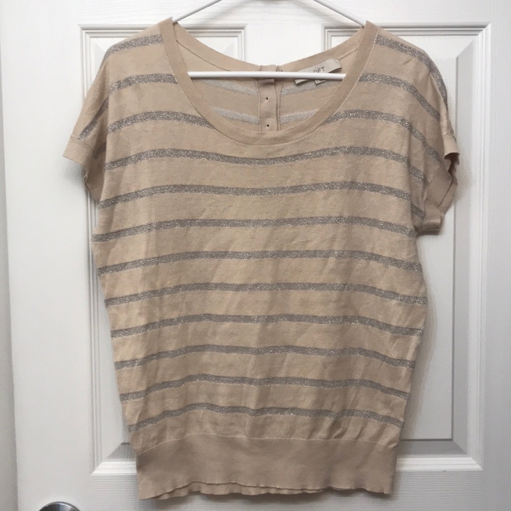 Loft lightweight short sleeve sweater tan with shimmer stripes